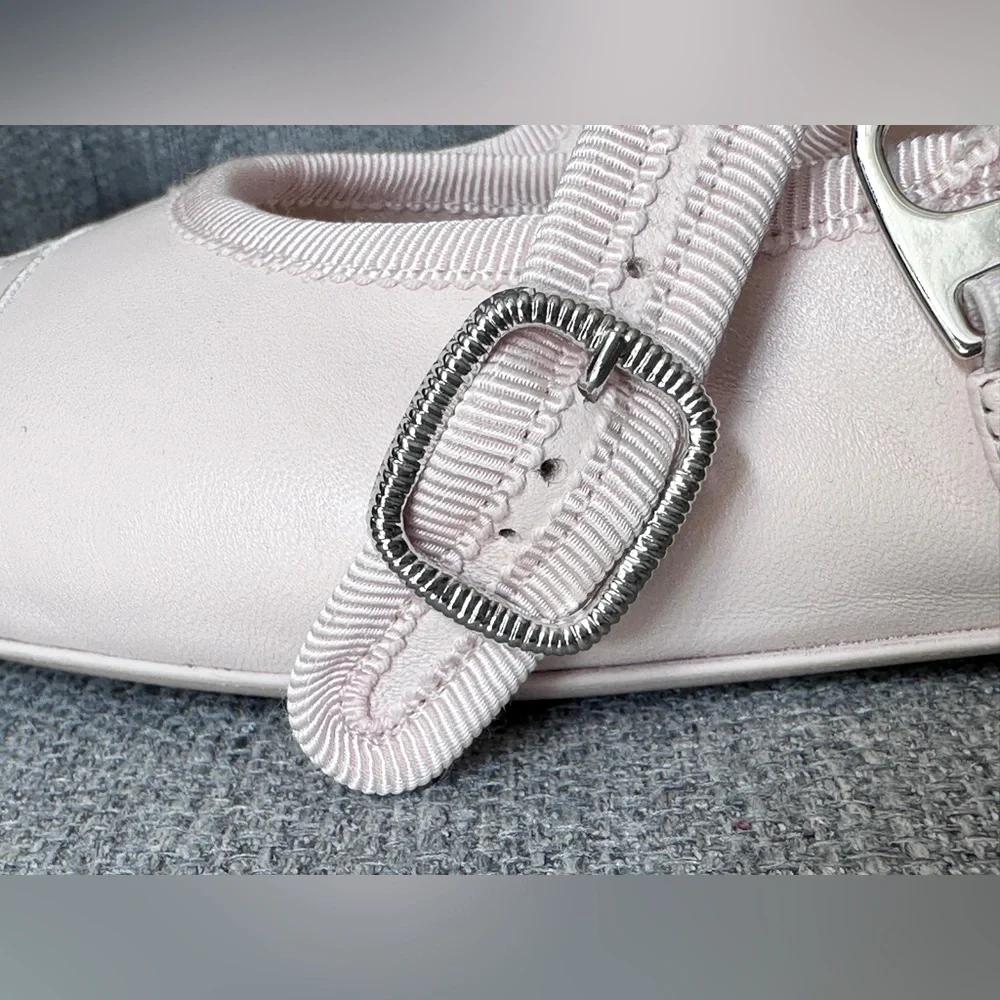 NEW CHANEL CC LOGO LIGHT PINK LEATHER MARYJANE BALLET FLATS SILVER BUCKLE 39 - Picture 6 of 16